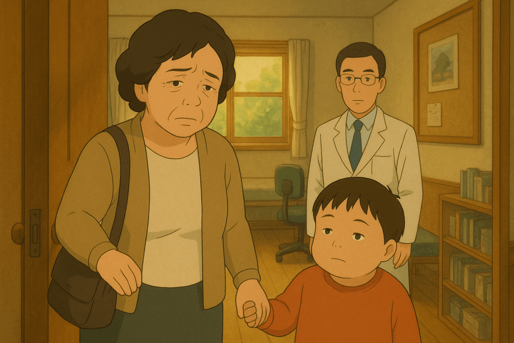 A patient and his son leaving the examination room
