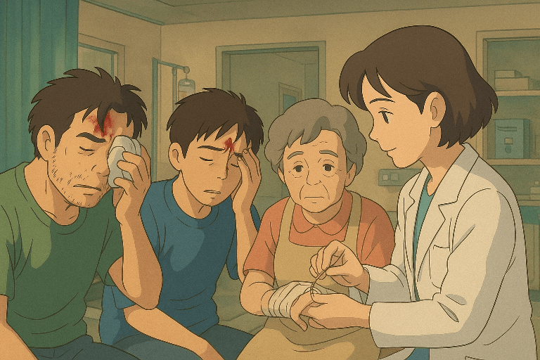 A doctor stitching up a wound
