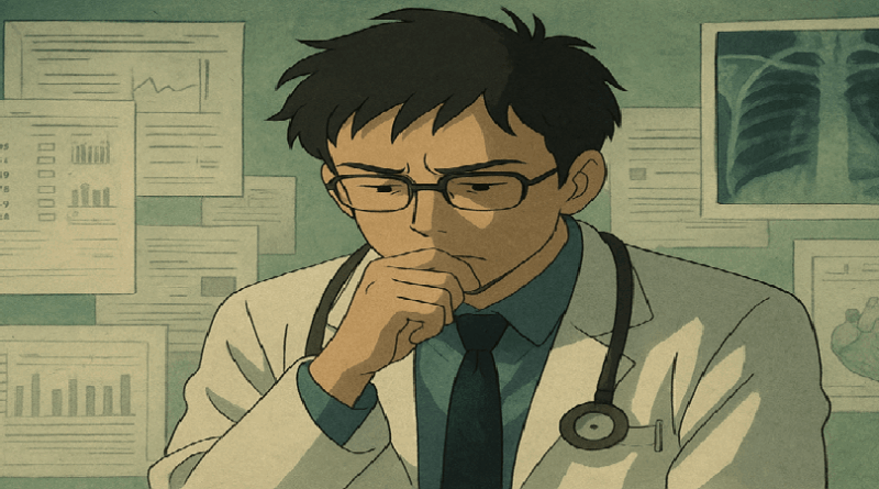 A doctor in deep thought while examining a patient