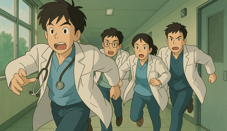Runaway first year resident and senior residents going to catch him