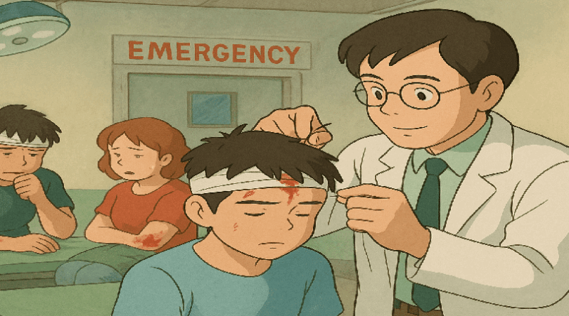 A doctor stitching up a wound