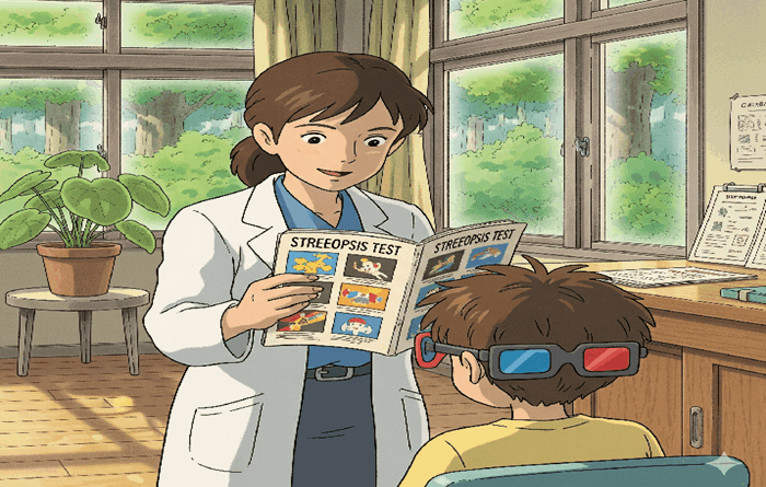 A doctor performing a stereopsis test on a child in the clinic