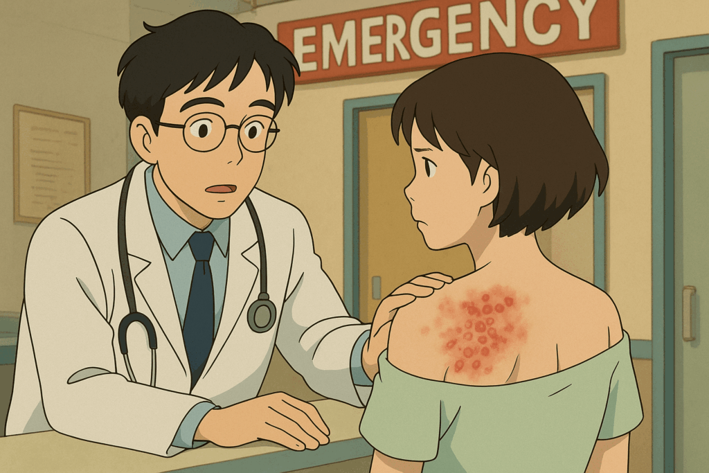 A doctor treating a patient with shingles