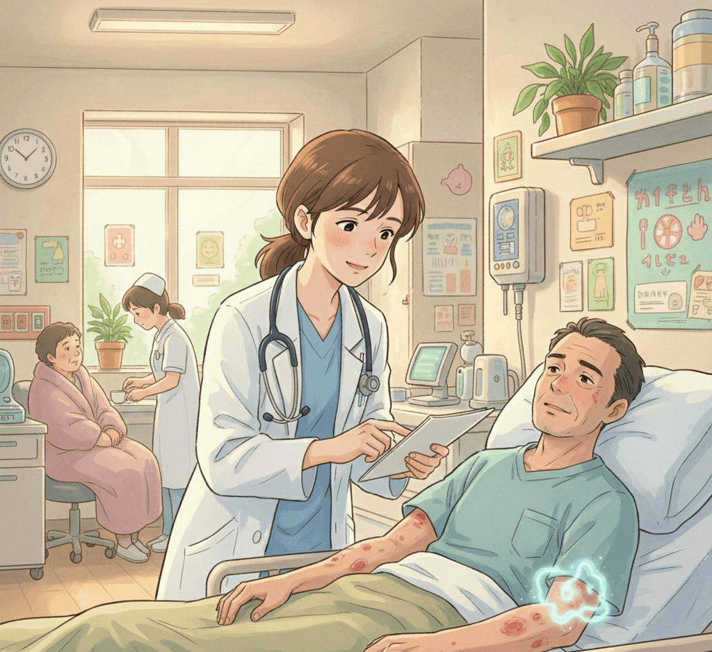 A doctor treating a patient with shingles